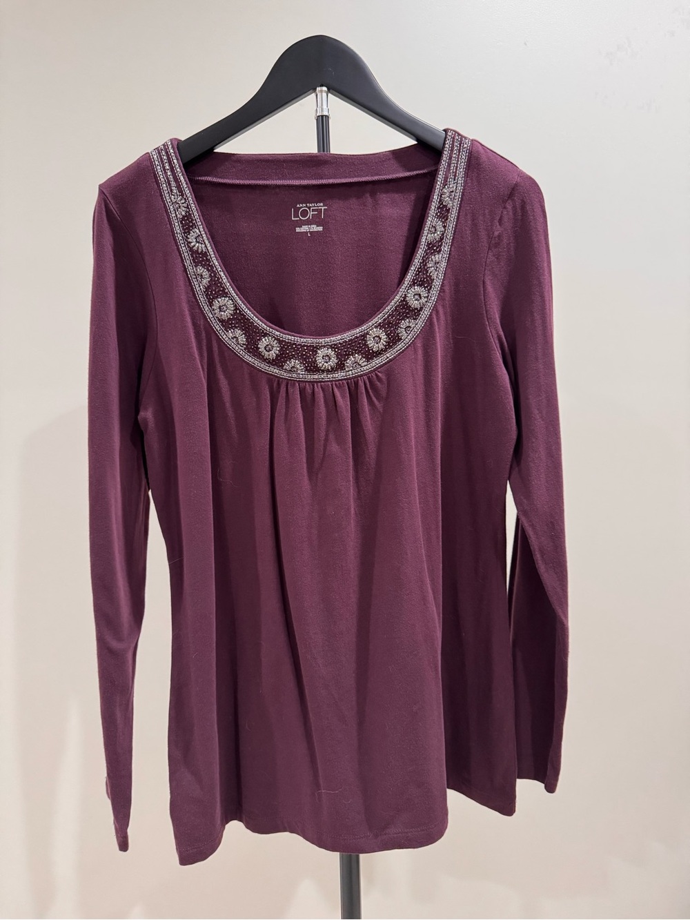 LOFT Plum Long-Sleeve Scoop Neck Top with Beaded Trim